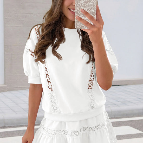Womens White Lace Trim Puff Sleeve Two Piece Skirt Set Fisoew - Fisoew