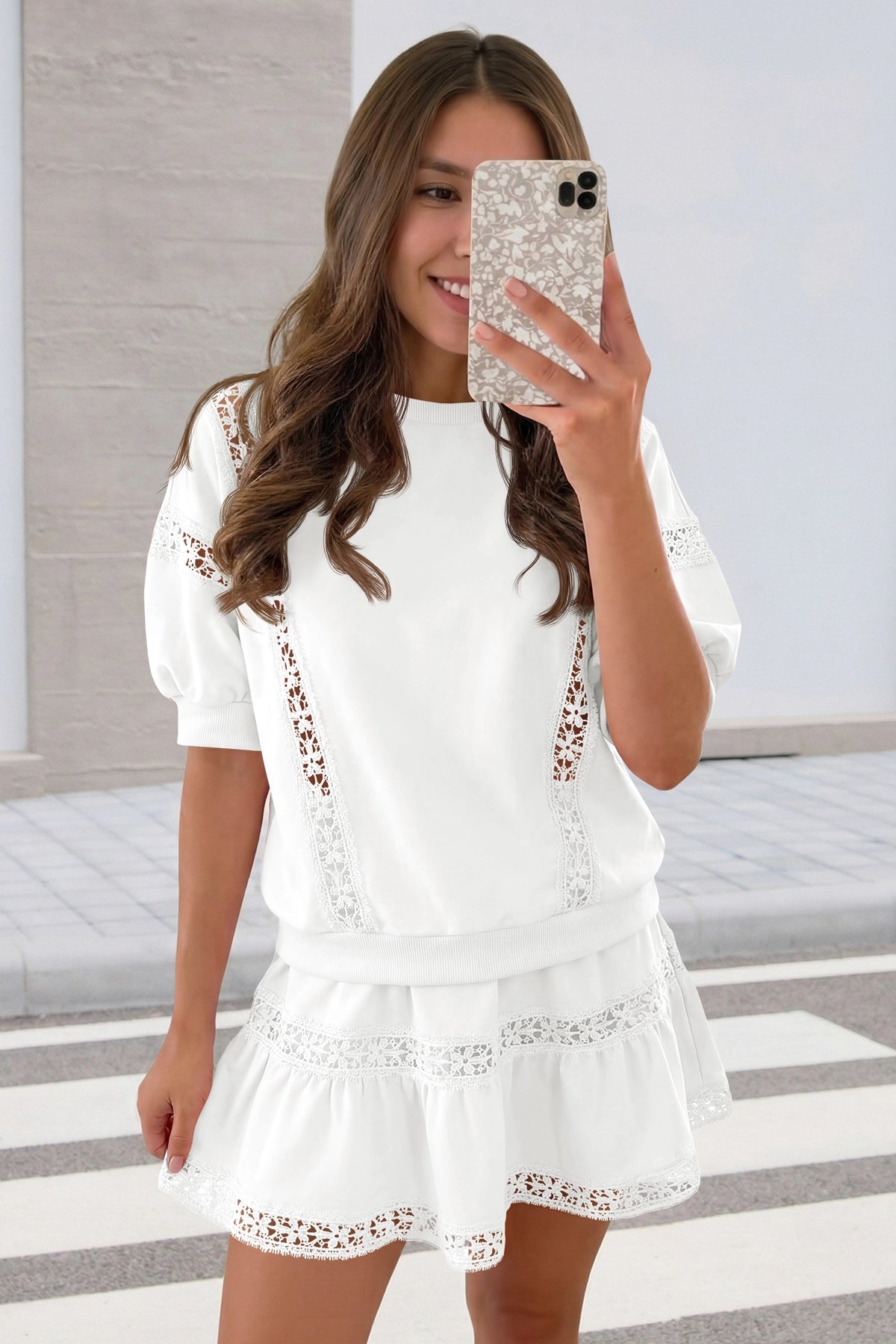 Womens White Lace Trim Puff Sleeve Two Piece Skirt Set Fisoew - Fisoew