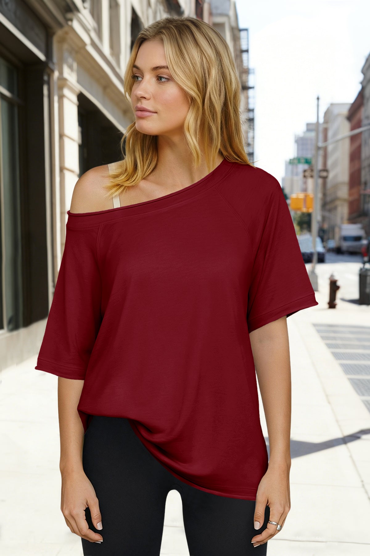Fisoew Women's Burgundy Off The Shoulder Tops Oversized  T-Shirts - Fisoew