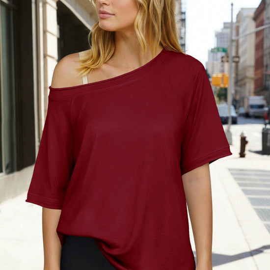 Fisoew Women's Burgundy Off The Shoulder Tops Oversized  T-Shirts - Fisoew