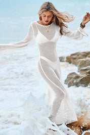 Fisoew Women's White Crochet  Long Sleeve Sexy Swimsuit Maxi Dress - Fisoew
