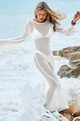 Fisoew Women's White Crochet  Long Sleeve Sexy Swimsuit Maxi Dress