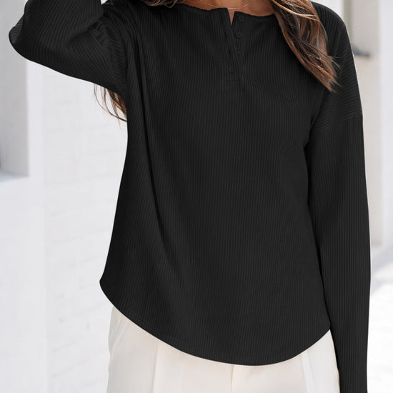 Solid Ribbed Knit Henley Shirts - Fisoew