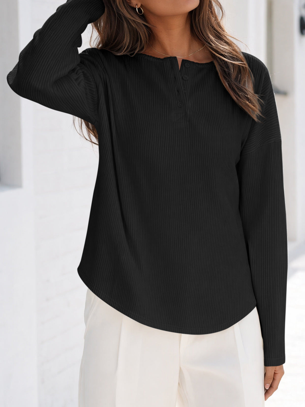 Solid Ribbed Knit Henley Shirts - Fisoew