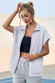 Fisoew Women's Grey Zip Up Sleeveless Sweatshirts - Fisoew