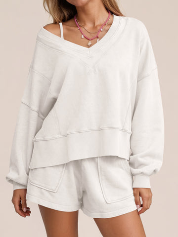 V Neck Sweatshirts With Shorts Set