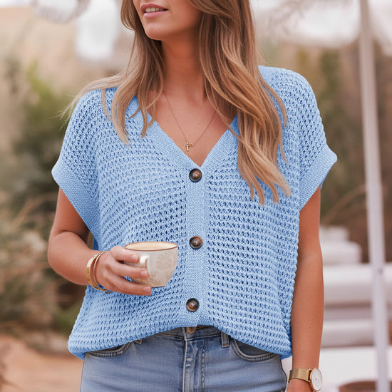 Fisoew Women's Blue Short Sleeve Crochet Cardigans Sweater Cover Ups - Fisoew