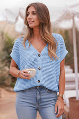 Fisoew Women's Blue Short Sleeve Crochet Cardigans Sweater Cover Ups