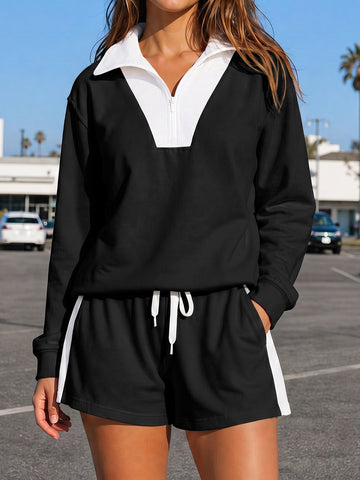 Half Zip Sweatshirt With Drawstring Short Sets - Fisoew