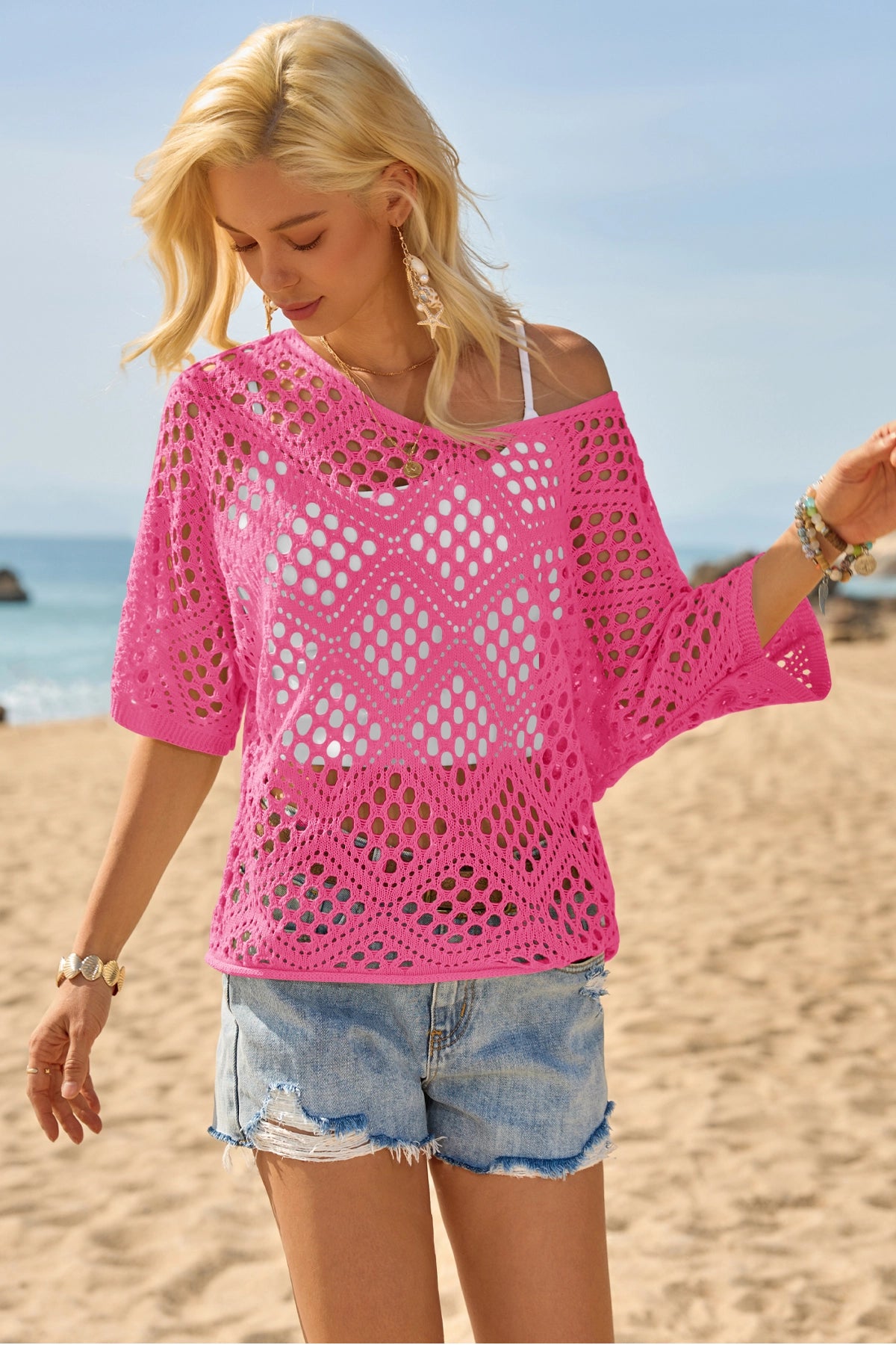 Womens Pink Summer Short Sleeve Crochet Swimsuit Fisoew