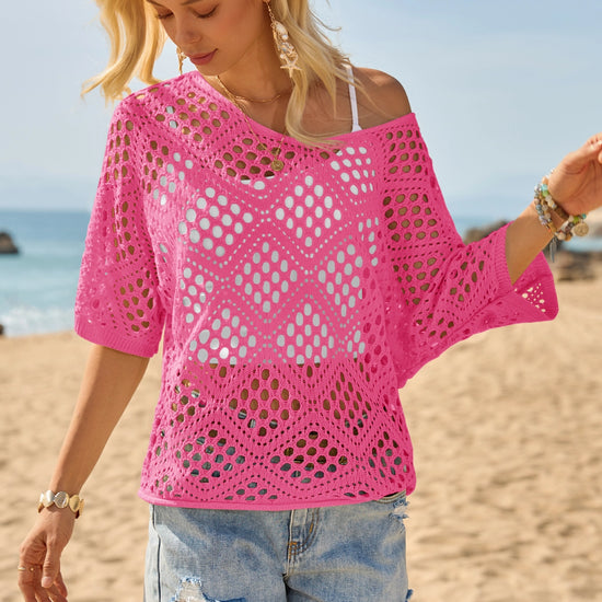 Womens Pink Summer Short Sleeve Crochet Swimsuit Fisoew - Fisoew