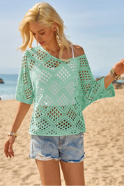 Womens Lake Blue Summer Short Sleeve Crochet Swimsuit  Fisoew