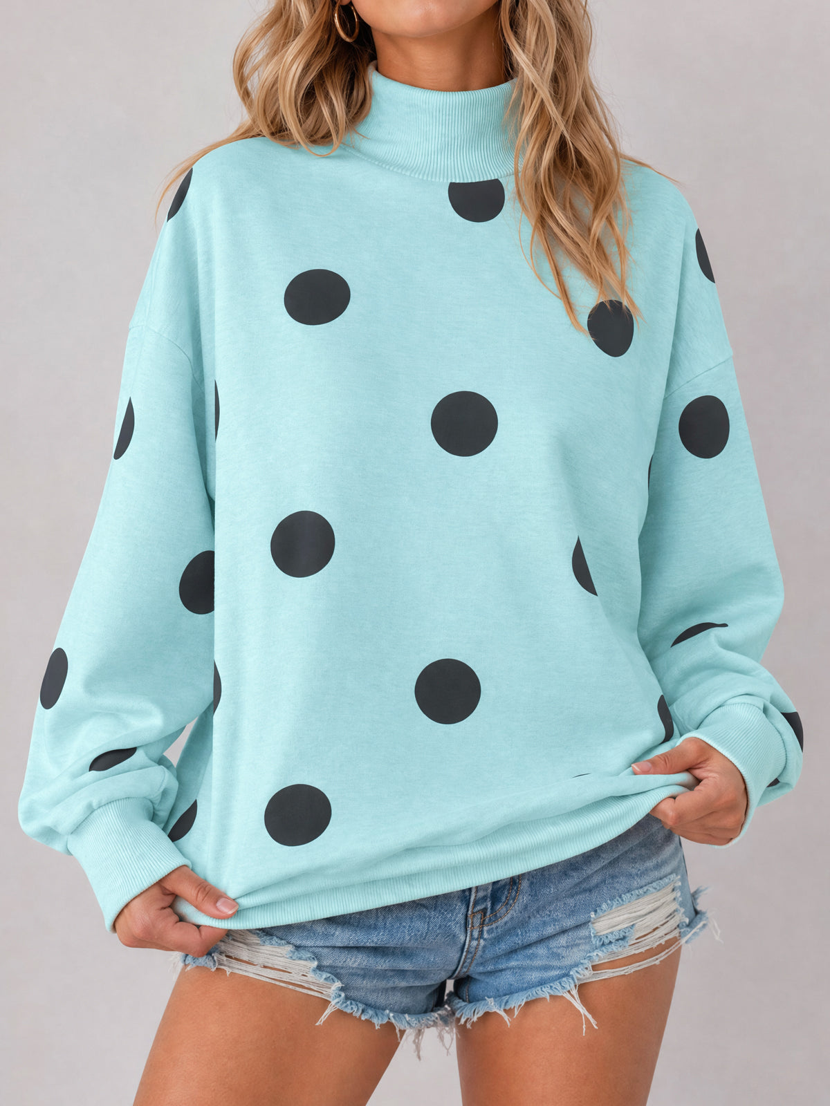 Mock Neck Long Sleeve Polka Dot Sweatshirts - Fisoew