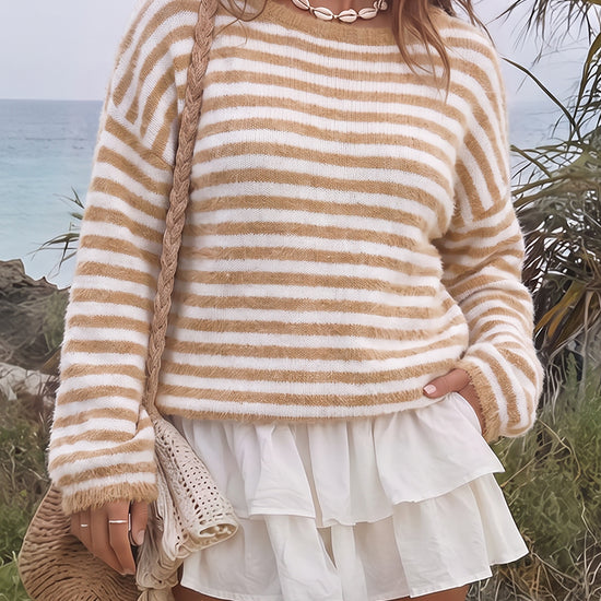 Off Shoulder Striped Knit Pullover - Fisoew