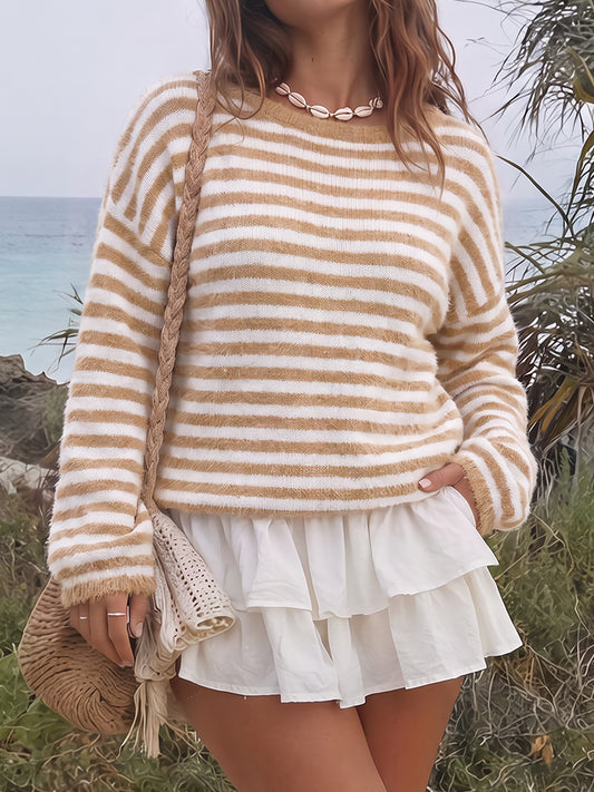 Off Shoulder Striped Knit Pullover - Fisoew