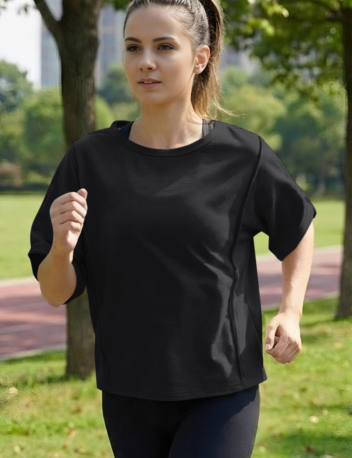 Fisoew Women's Black Oversized Crop Tops Summer T-Shirt - Fisoew