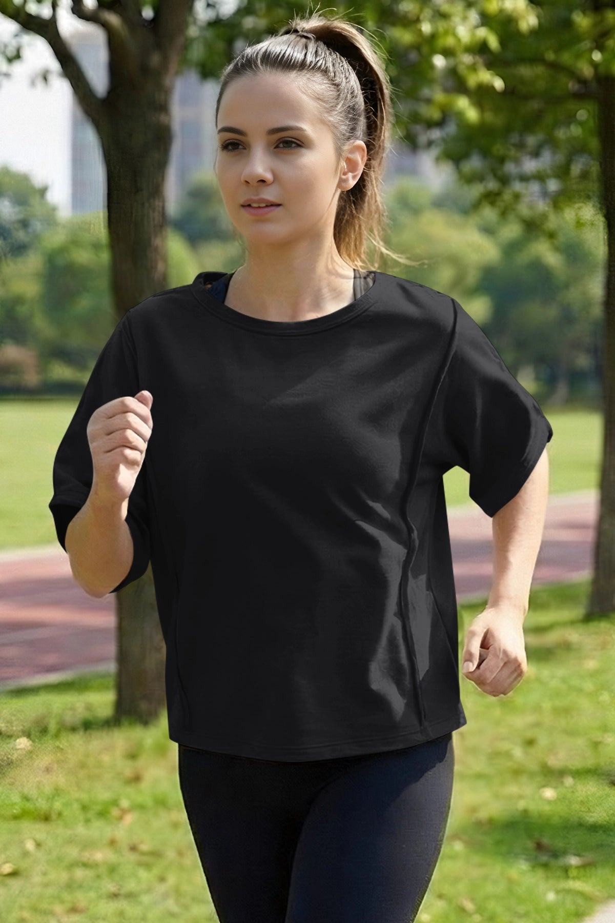 Fisoew Women's Black Oversized Crop Tops Summer T-Shirt - Fisoew