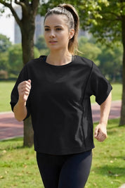 Fisoew Women's Black Oversized Crop Tops Summer T-Shirt - Fisoew