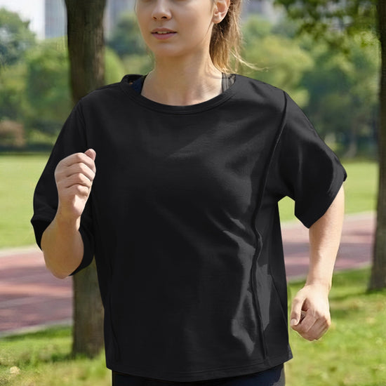 Fisoew Women's Black Oversized Crop Tops Summer T-Shirt - Fisoew