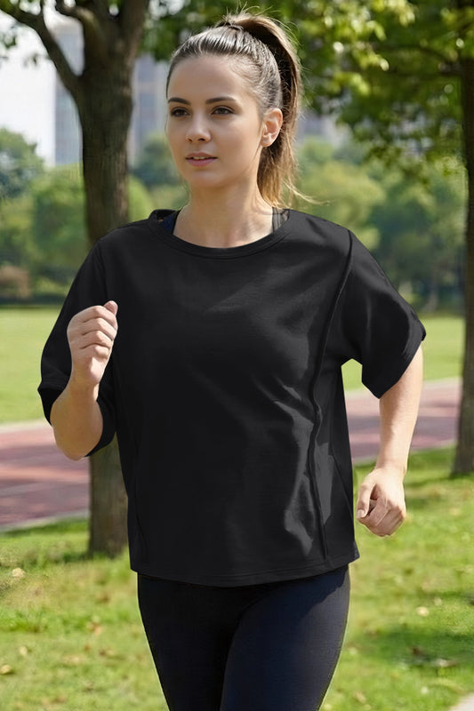 Fisoew Women's Black Oversized Crop Tops Summer T-Shirt - Fisoew