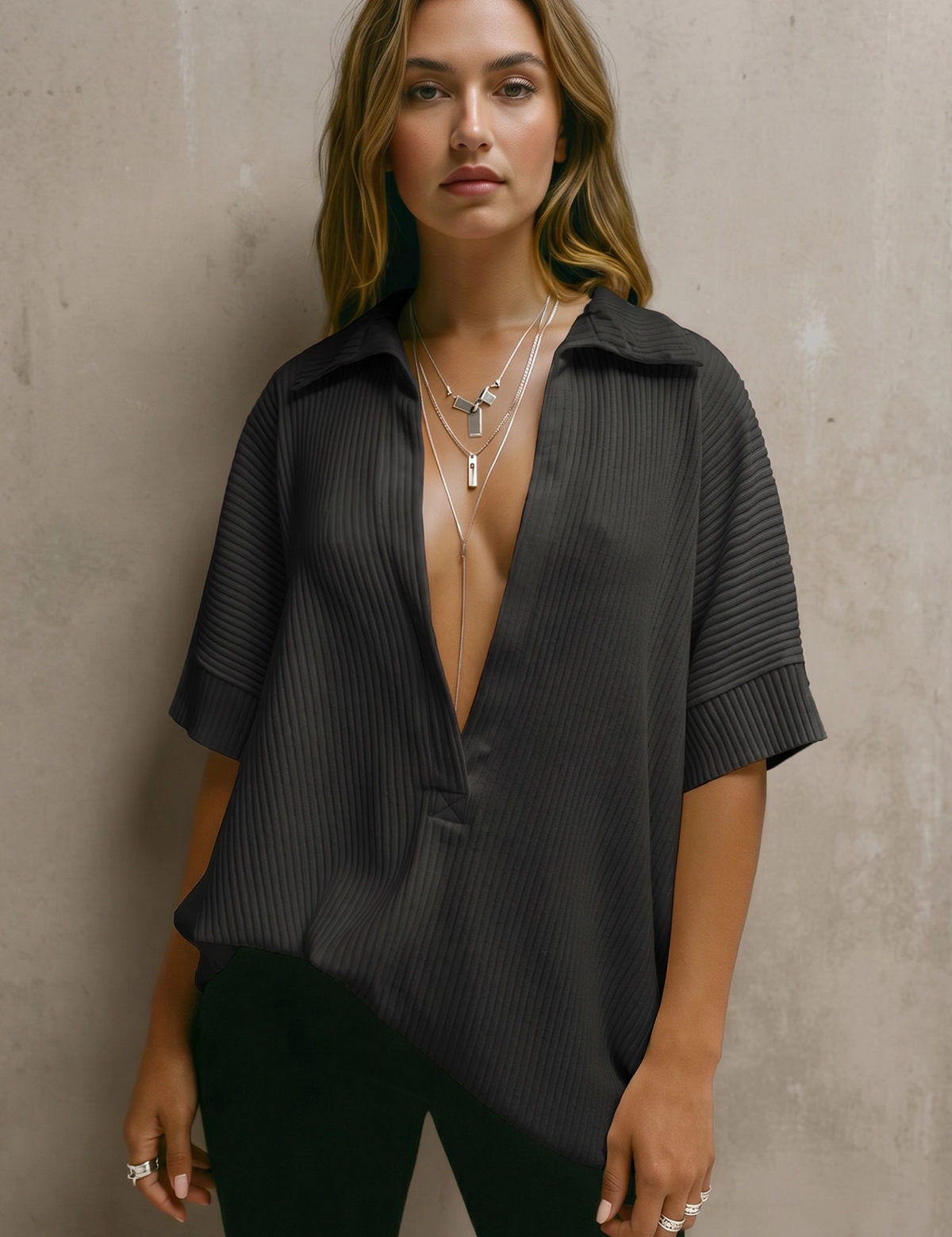 Fisoew Women's Black Oversized Deep V Neck Sweatshirts - Fisoew