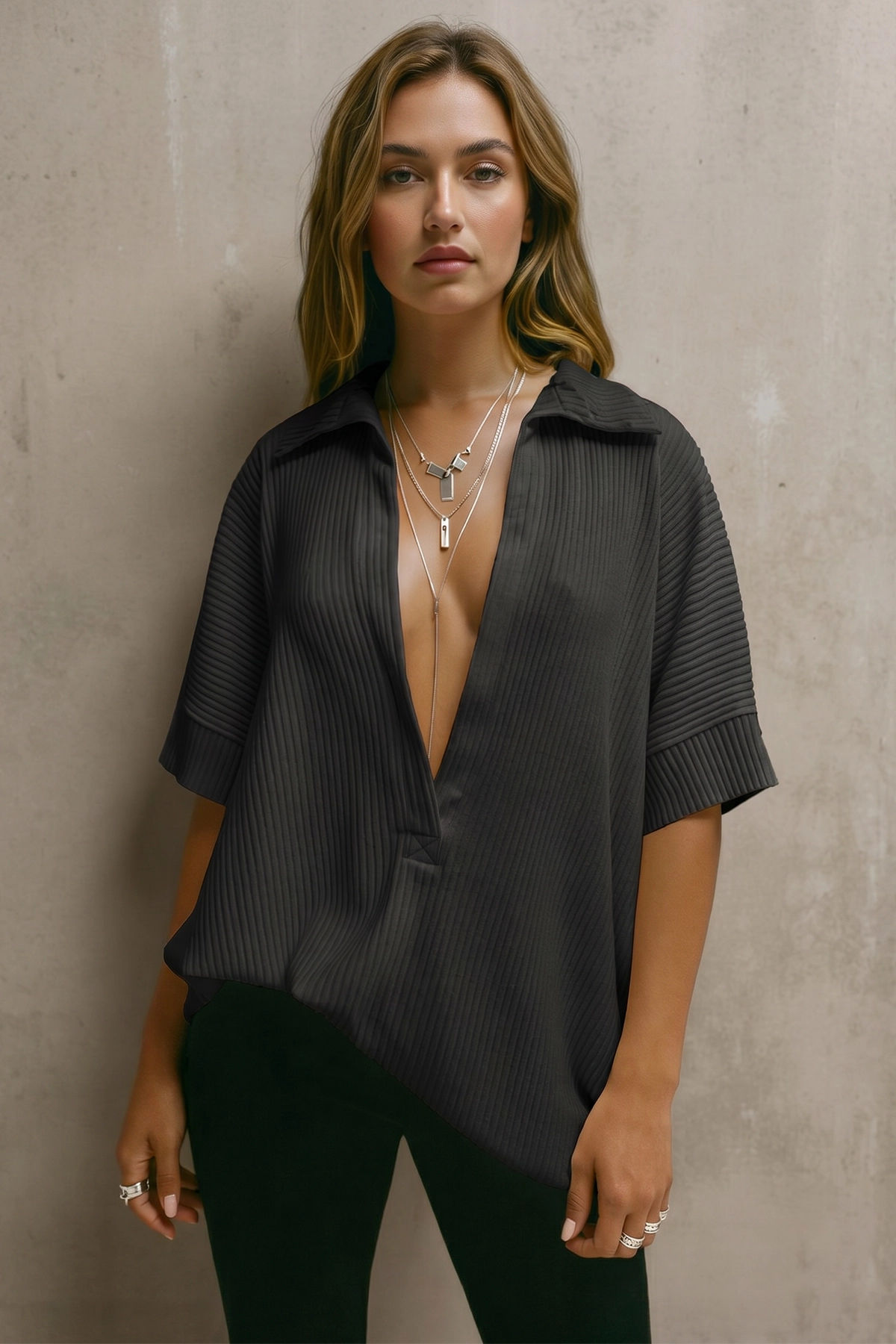 Fisoew Women's Black Oversized Deep V Neck Sweatshirts
