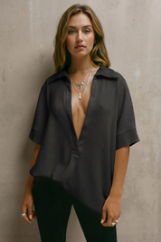 Fisoew Women's Black Oversized Deep V Neck Sweatshirts