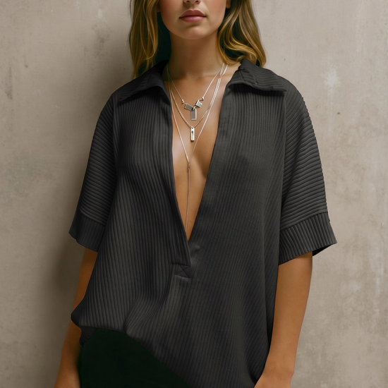 Fisoew Women's Black Oversized Deep V Neck Sweatshirts - Fisoew