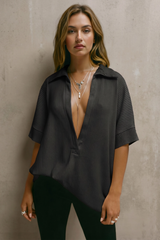 Fisoew Women's Black Oversized Deep V Neck Sweatshirts
