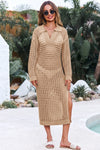 Fisoew Women's Khaki Collared Long Sleeve Mesh Knit Maxi Dress - Fisoew