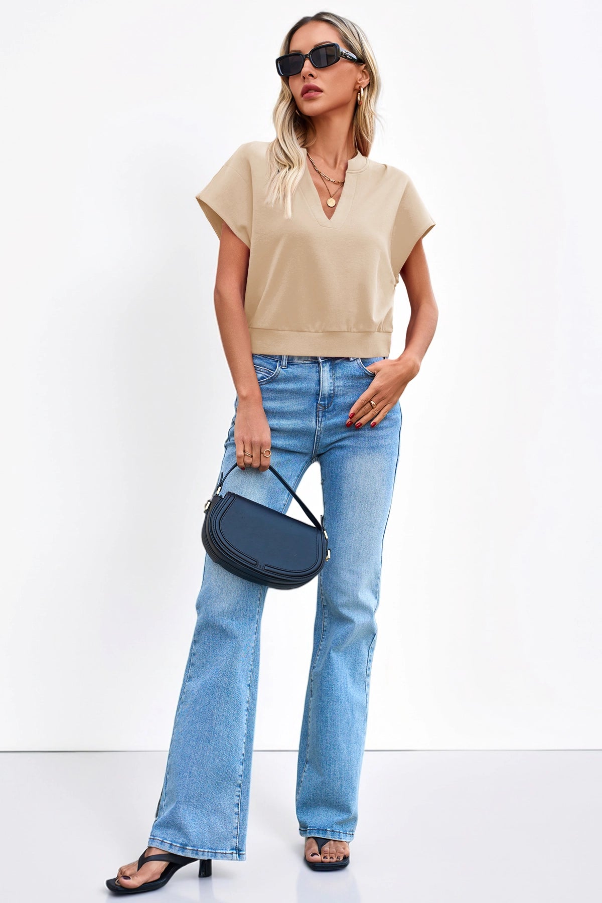 Fisoew Women's Light Khaki V Neck Cap Sleeve Casual Loose Fit T Shirts - Fisoew