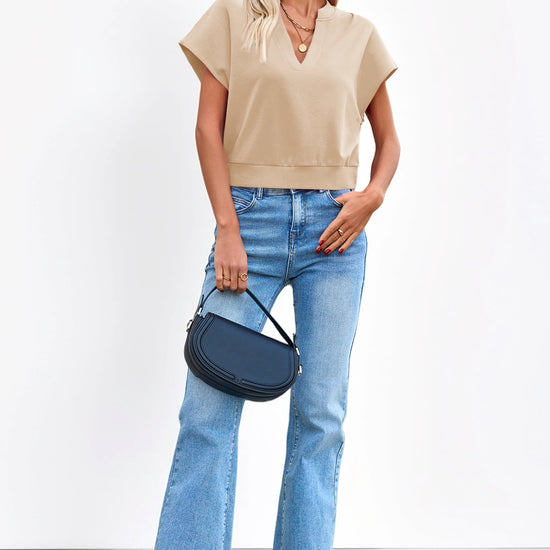 Fisoew Women's Light Khaki V Neck Cap Sleeve Casual Loose Fit T Shirts - Fisoew