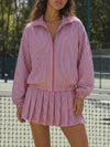 Stripe Zipper Jacket With Pleated Skirt Sets - Fisoew