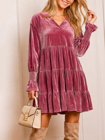 Velvet Tunic Puff Sleeve Tiered Ruffle Midi Dresses