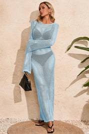 Fisoew Women's Blue Crochet  Long Sleeve Sexy Swimsuit Maxi Dress - Fisoew