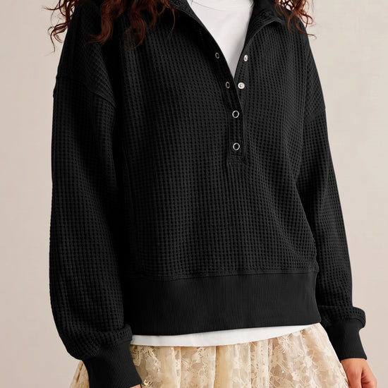 Waffle Knit Button Henley Pullover Sweatshirt - Fisoew