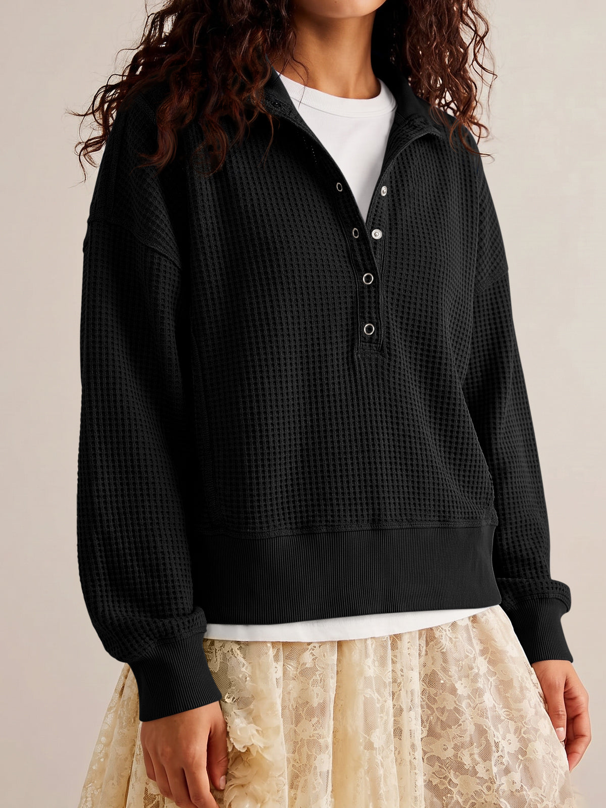 Waffle Knit Button Henley Pullover Sweatshirt - Fisoew