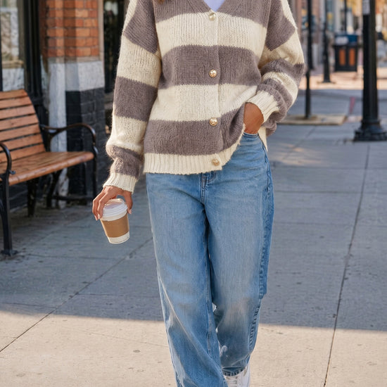 Striped Open Front Button Up Cardigans - Fisoew