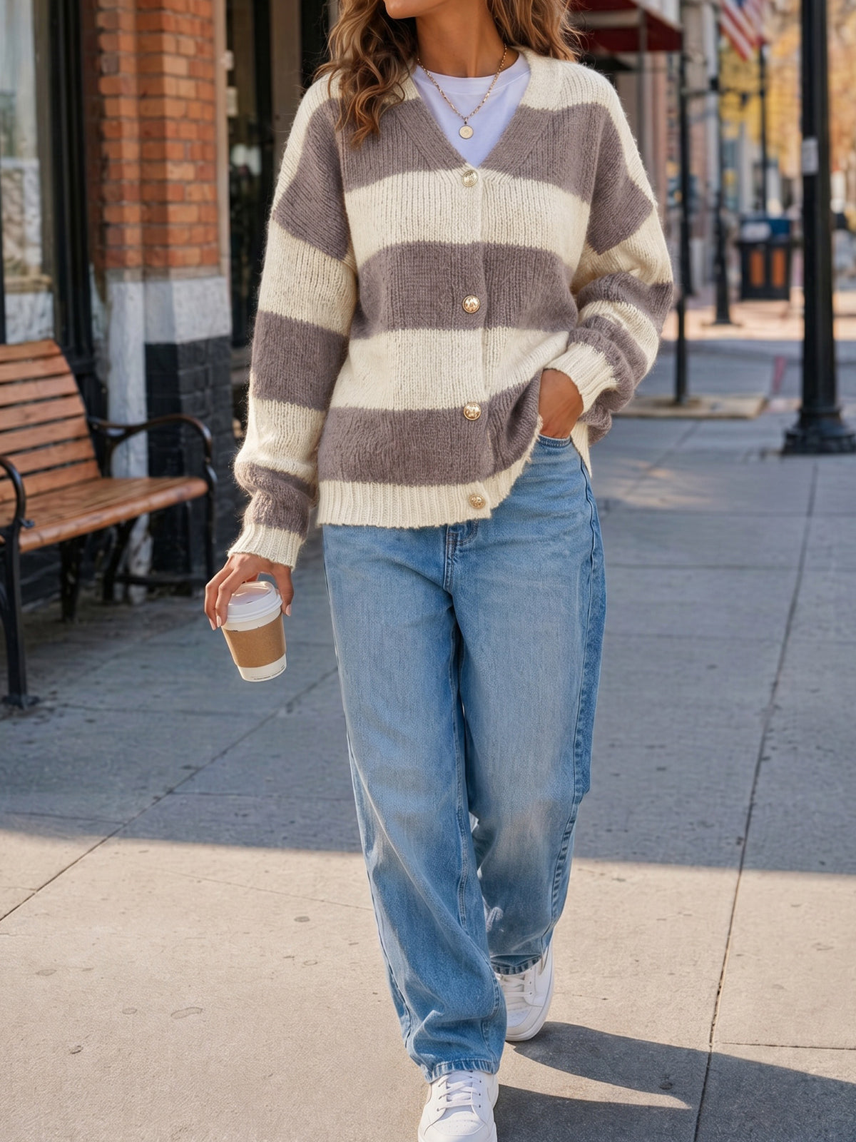 Striped Open Front Button Up Cardigans - Fisoew
