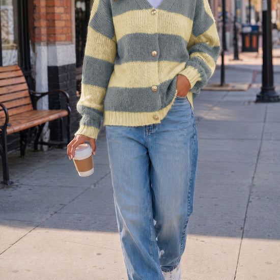 Striped Open Front Button Up Cardigans - Fisoew