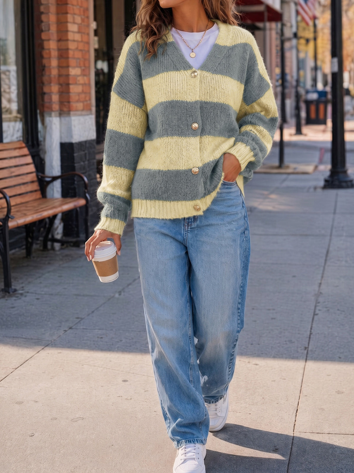 Striped Open Front Button Up Cardigans - Fisoew