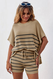Fisoew Women's Khaki Striped Oversized Lounge Short Sets - Fisoew