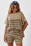 Fisoew Women's Khaki Striped Oversized Lounge Short Sets - Fisoew