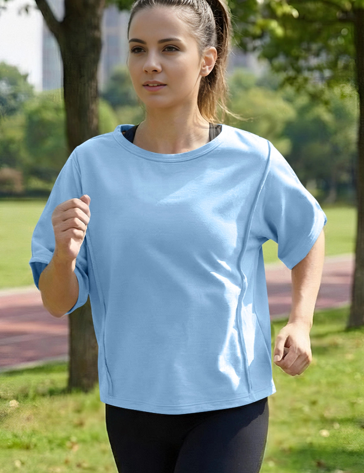 Fisoew Women's Light Blue Oversized Crop Tops Summer T-Shirt - Fisoew