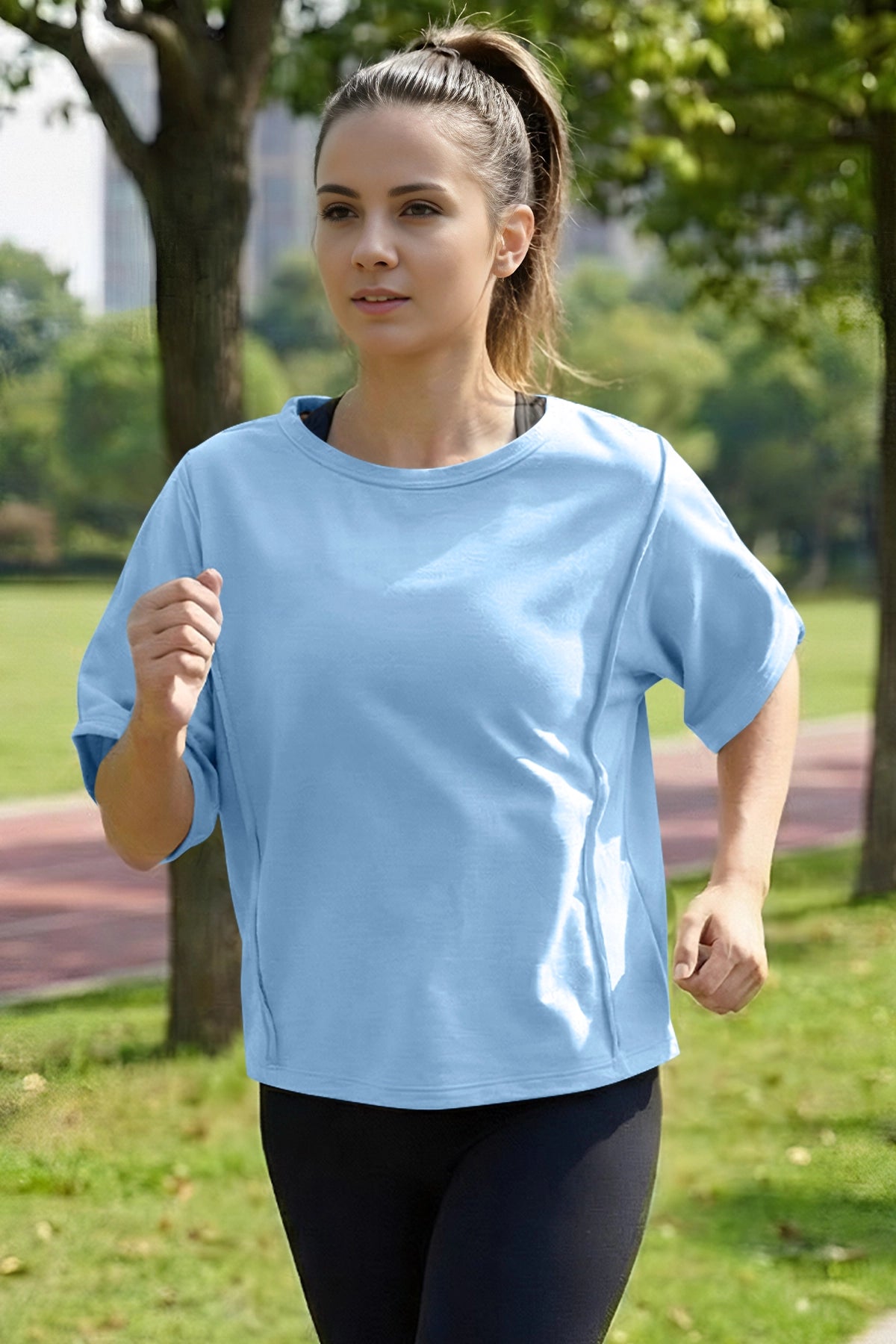 Fisoew Women's Light Blue Oversized Crop Tops Summer T-Shirt - Fisoew