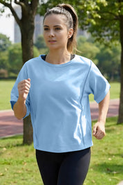Fisoew Women's Light Blue Oversized Crop Tops Summer T-Shirt - Fisoew