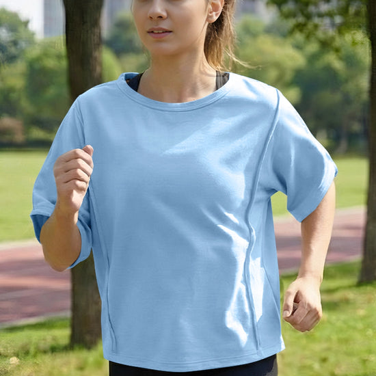 Fisoew Women's Light Blue Oversized Crop Tops Summer T-Shirt - Fisoew
