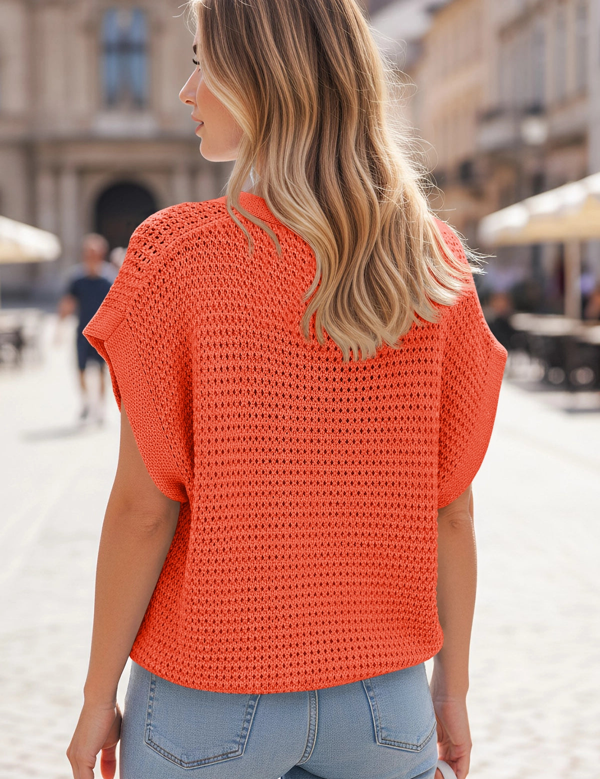 Fisoew Women's Orange Short Sleeve Crochet Cardigans Sweater Cover Ups - Fisoew