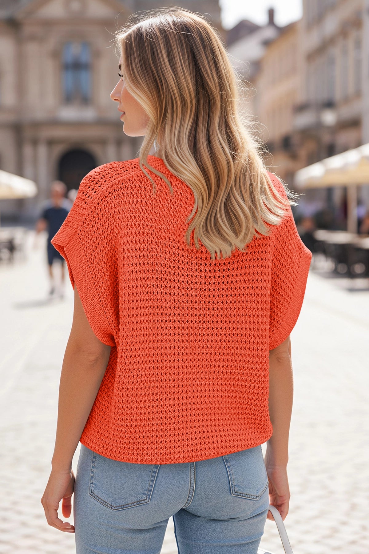 Fisoew Women's Orange Short Sleeve Crochet Cardigans Sweater Cover Ups - Fisoew