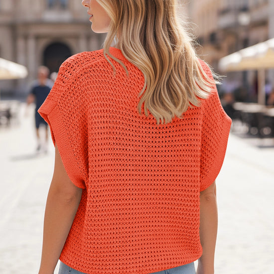 Fisoew Women's Orange Short Sleeve Crochet Cardigans Sweater Cover Ups - Fisoew